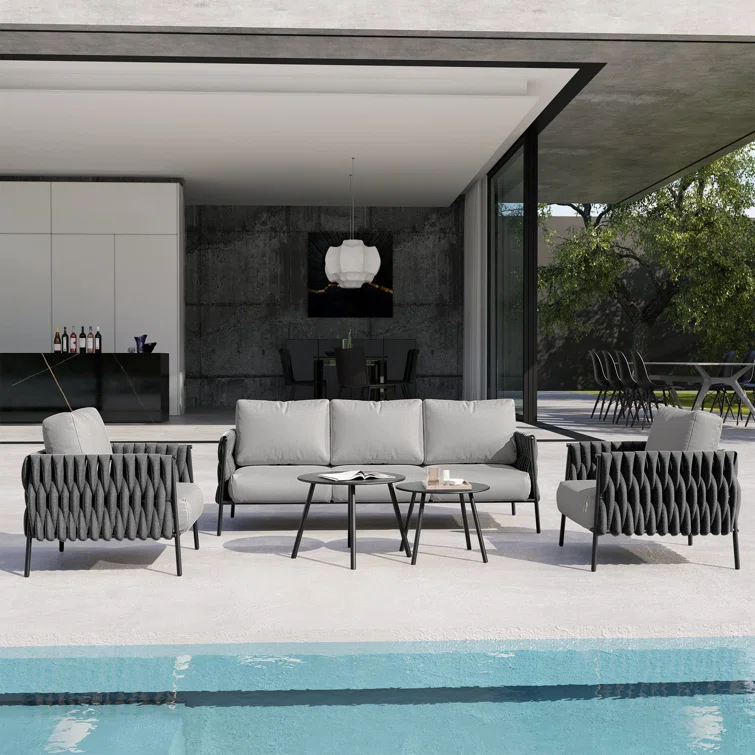 EAST OAK Patio Furniture Set 5 Pieces Sofa with Two Round Coffee Table  and Waterproof Thick Cushion Deep Seating