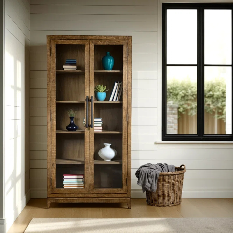 Benjara Orla Tall China Cabinet, 2 Glass Doors, Antique Brown Reclaimed Wood