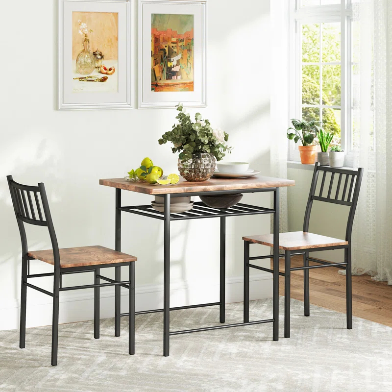 17 Stories 3-Piece Dining Table Set for 2, Small Kitchen Table and Chairs with Built-in Storage Rack and Steel Frame