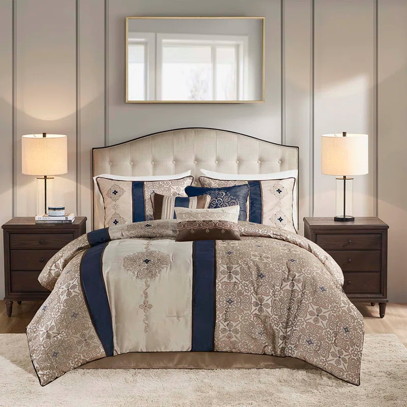 Madison Park 7pc King Perry Comforter Set Navy: Includes Bed Skirt & Hypoallergenic Polyester Fill