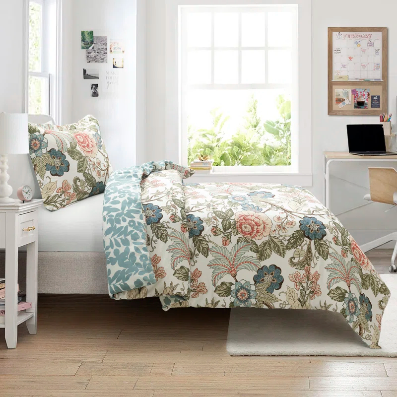 Green/Blue Standard Cotton Reversible 3 Piece Duvet Cover Set