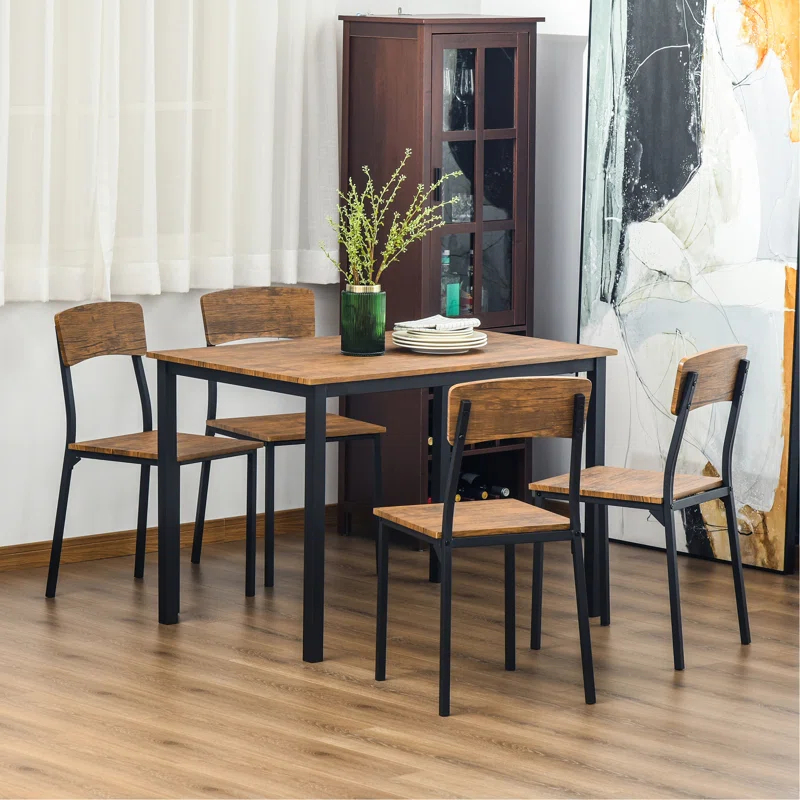17 Stories 5 Piece Industrial Dining Table Set, Rectangular Kitchen Table And 4 Chairs, Dining Room Set For Small Space