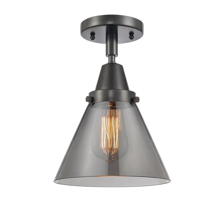 Breakwater Bay Caden Cone - 1 Light 8" Flush Mount - Incandescent Bulb - Matte Black Finish - Light Smoke Shade