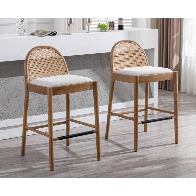 Bayou Breeze Emington Modern Stools with Rattan Backrests and Wood Frame (Set of 2)