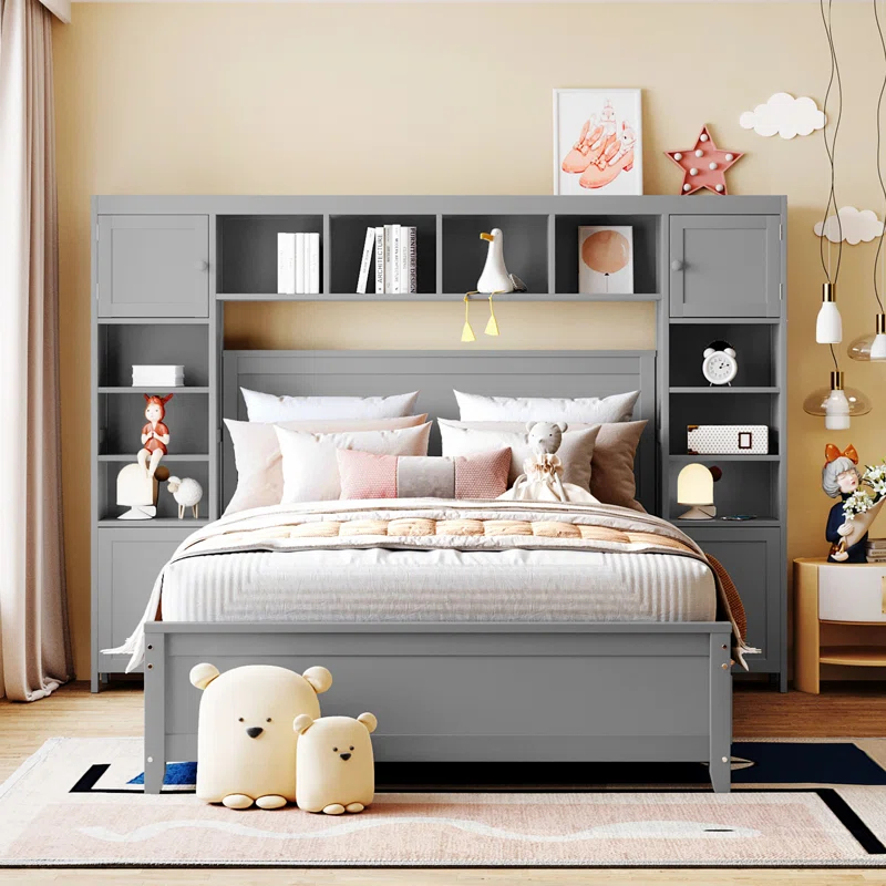 Red Barrel Studio® Full Size Wooden Bed With All-in-One Cabinet and Shelf