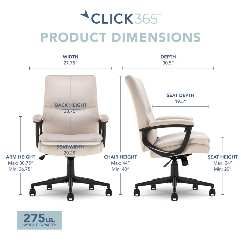 CLICK365 Click365 Classic Comfort Executive Office Chair, Ergonomic Mid-Back, Double-Layer Seat Cushion