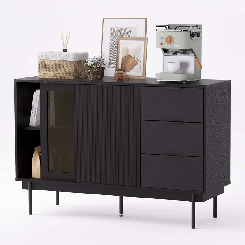 Ebern Designs Ebern Designs Sideboard Anetha, 47" X 31.5" Buffet Anetha With Storage, Black Sideboard With 2 Sliding Doors & 3 Drawers, Wood Coffee Bar Entryway Storage For Living Room