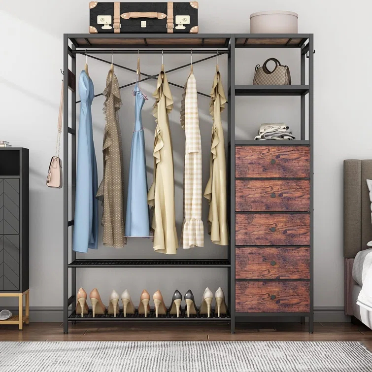 17 Stories Heavy Duty Clothes Rack For Hanging Clothes With 5 Shelves & 5 Drawers, Metal Freestanding Clothing Rack With Five Hooks, Garment Rack Closet Wardrobe Rack, 70.87H X 59.06W,Max 900Lbs,Rustic