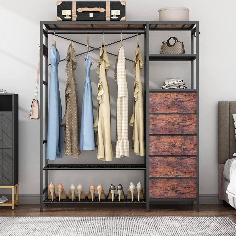 17 Stories Heavy Duty Clothes Rack For Hanging Clothes With 5 Shelves & 5 Drawers, Metal Freestanding Clothing Rack With Five Hooks, Garment Rack Closet Wardrobe Rack, 70.87H X 59.06W,Max 900Lbs,Rustic
