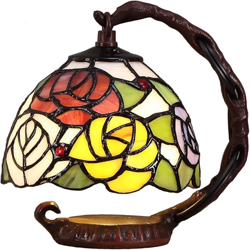 World Menagerie Rose Tiffany Style Stained Glass Table Lamp With 6-Inch Wide Lampshade Hanging On The Cast Iron Base (Pink)