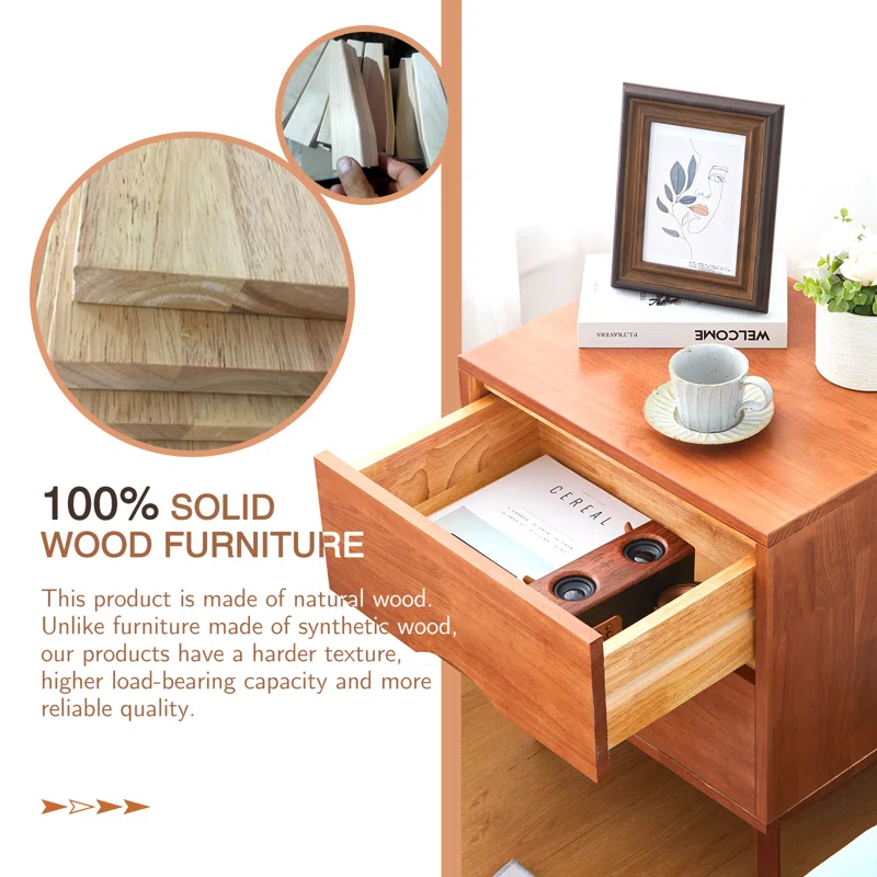LuxursKingQYW Mid Century Modern Grooved Handle Wood Nightstands Side Table Bedroom Storage Drawer