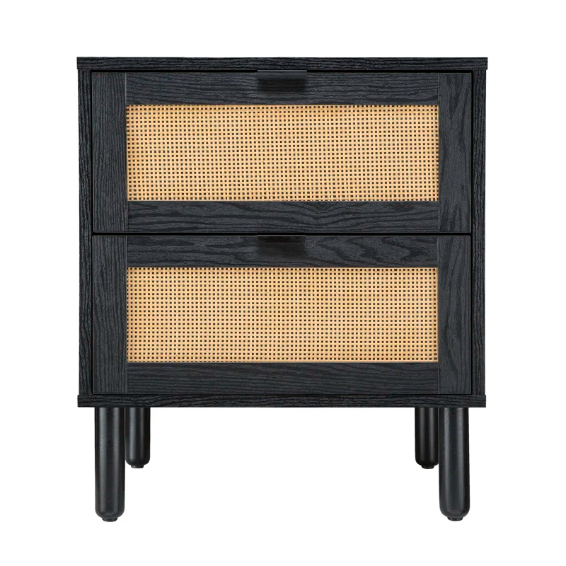 Sango Sango Orre 2-Drawer Solid Wood Nightstand, With Rattan, Cylicndrical Wooden Legs