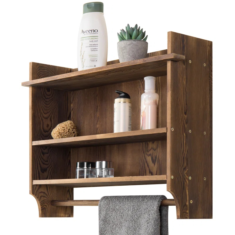 Solid Wood Wall Mounted Bathroom Shelves with Towel Bar