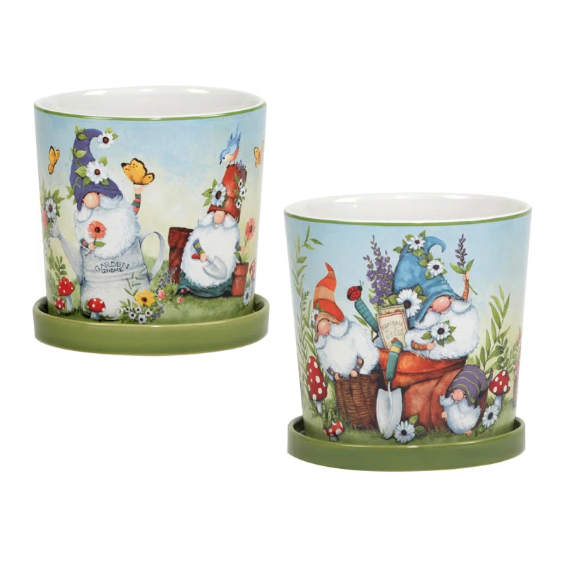 Certified International Garden Gnomes 2Pc Planter Set With Saucer