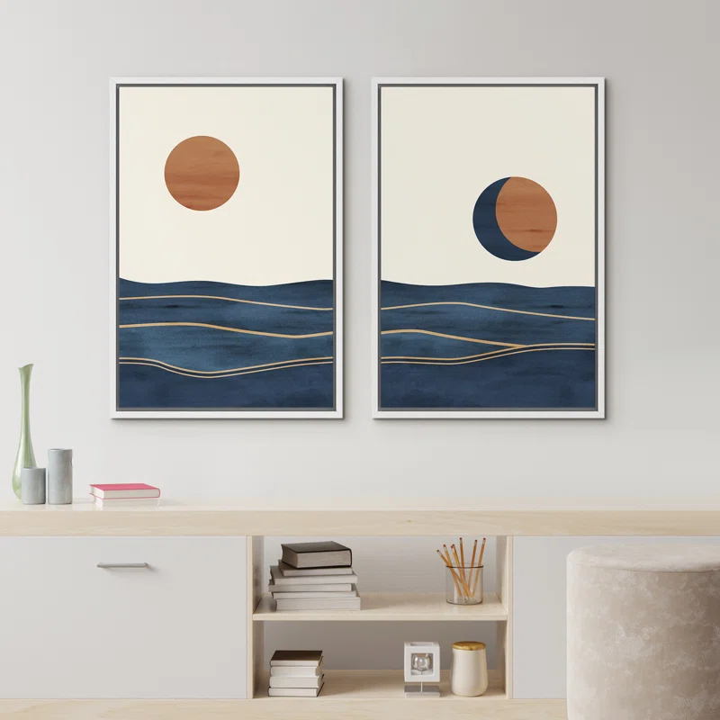 Sun And Moon " Abstract Sun Over Blue Watercolor Ocean Waves Modern Minimalist Landscape " 2 - Pieces