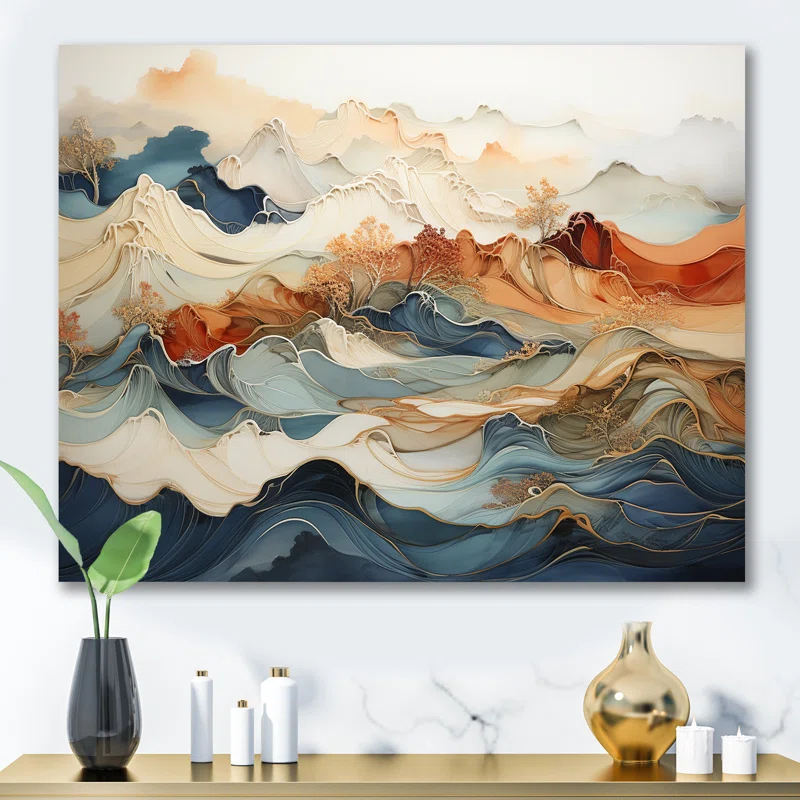 Design Art Abstract Orange And Blue River Ink III - Wall Art Print On Canvas