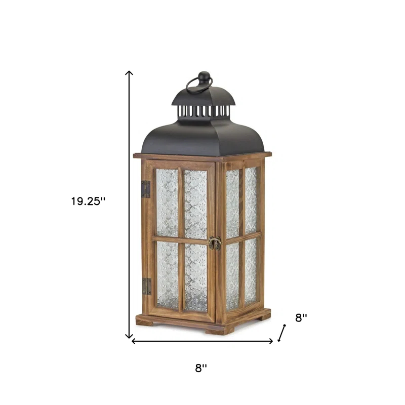 Set of Two Brown and Black Frosted Glass Wood and Metal Floor Lantern Candle Holders