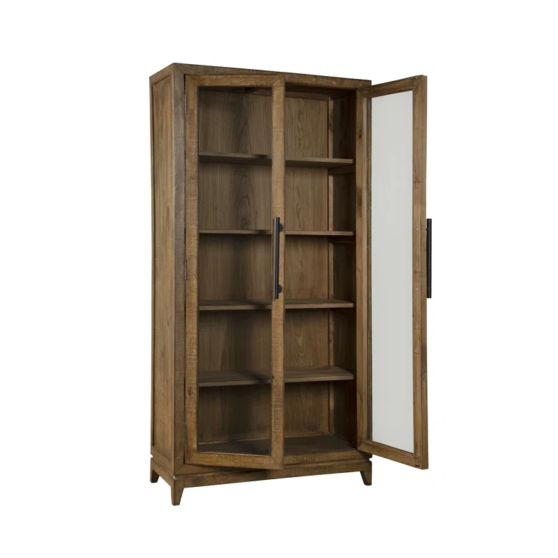 Benjara Orla Tall China Cabinet, 2 Glass Doors, Antique Brown Reclaimed Wood