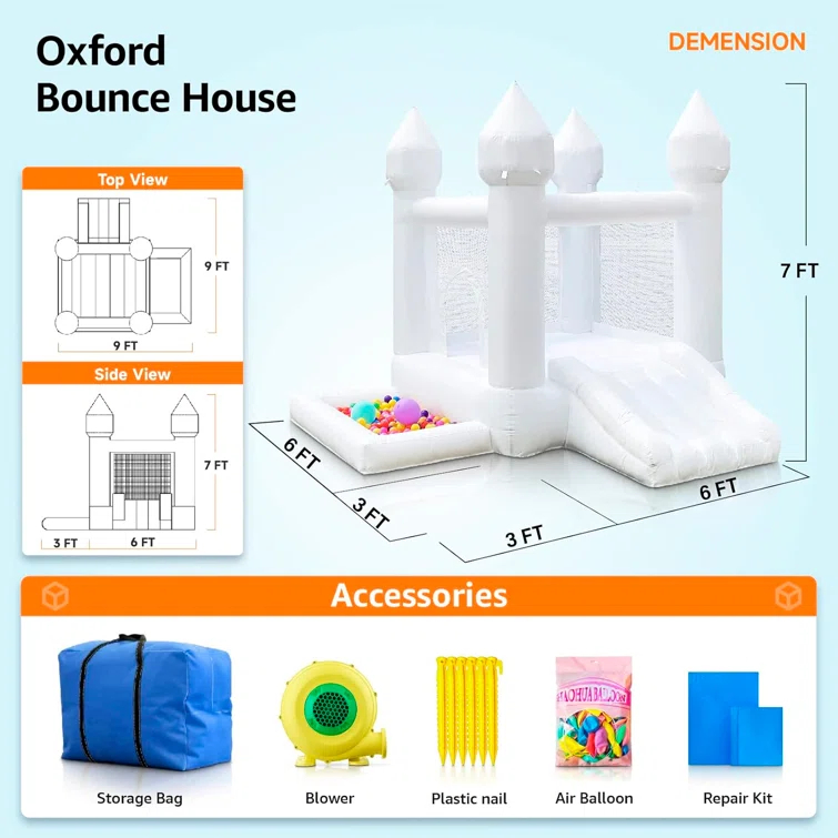 Connsann 9' x 9'  Oxford White Bounce House with Slide and Air Blower