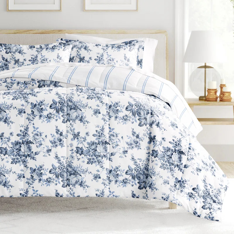 Becky Cameron Stone All Season Down-Alternative Comforter Set in Cabbage Rose Stripe & Reviews | Wayfair