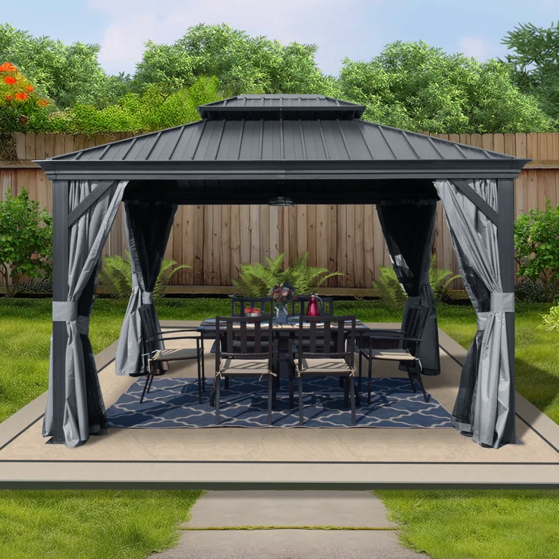 Kozyard Alexander Gray Double Roof Hardtop Gazebo with Privacy Curtain Mosquito Netting