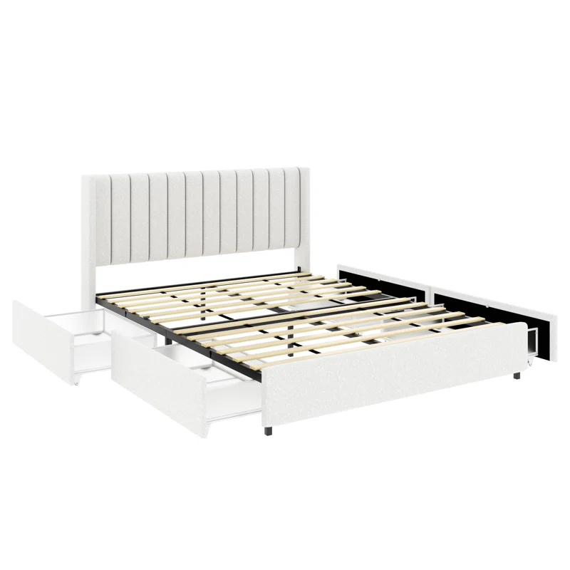 Latitude Run® Queen Size Ivory Boucle Bed Frame, Upholstered Platform Bed With 4 Drawers Storage, Tufted Headboard, Wooden Slat Mattress Support, No Box Spring Needed