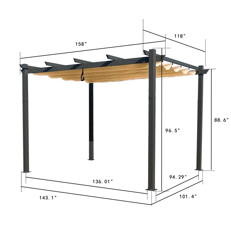 Kozyard Atlantics Outdoor Retractable Pergola with Sun Shade Canopy 10' x 13'