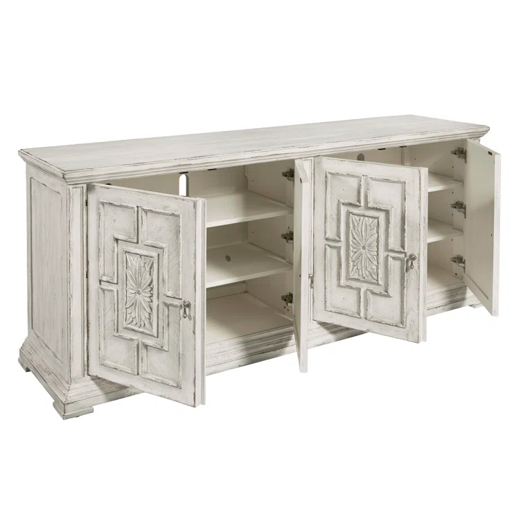 Pulaski Furniture 4 Door Rosette Carved Entertainment Credenza in Distressed White