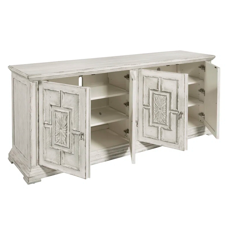 Pulaski Furniture 4 Door Rosette Carved Entertainment Credenza in Distressed White