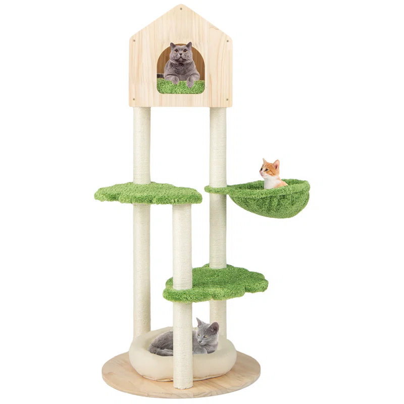 Latitude Run® Latitude Run® Wooden Cat Tree 55'' Tall Cat Climbing Stand W/ Sisal Scratching Posts Green