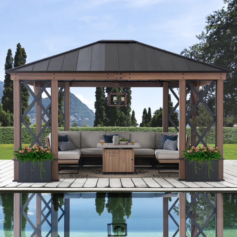 Sunjoy 13 ft. x 15 ft. Hardtop Gazebo, Outdoor Black Steel Roof Gazebo Aluminum Framed Gazebo with Planters and Ceiling Hook for Patio, Garden, and Backyard Activities
