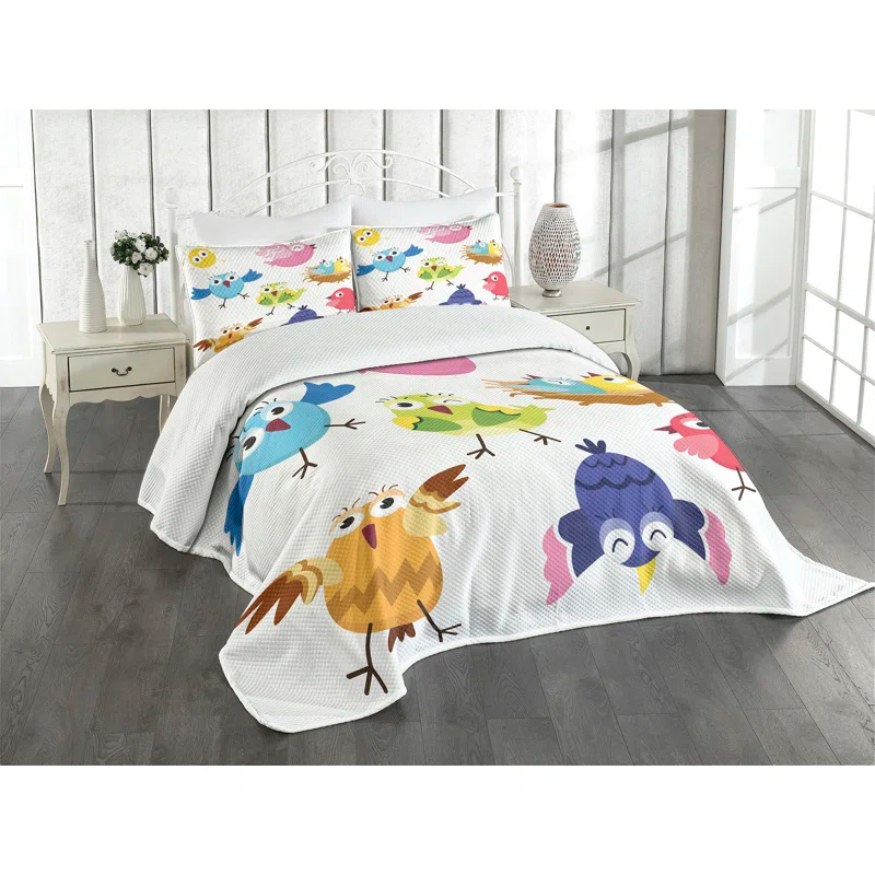 Ambesonne Ambesonne Bird Bedspread Set 3 Pcs Funny Birds Sun Cartoon Queen Multicolor