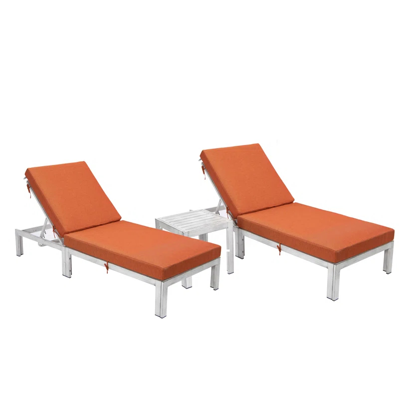 LeisureMod Outdoor Metal Chaise Lounge - Set of 2 with Table (Set of 2)