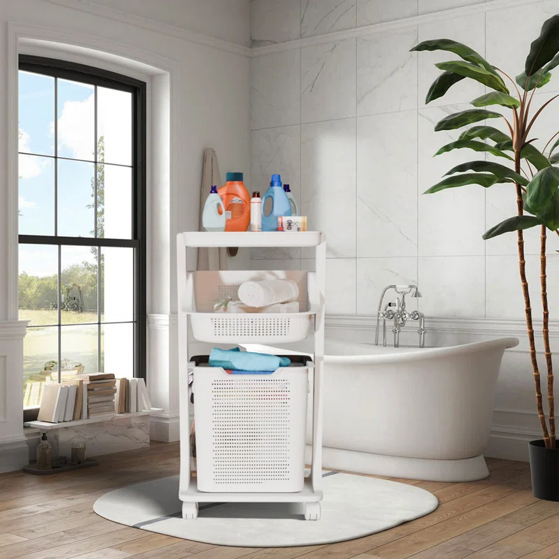 BAOKALER BAOKALER 2-Tier White Portable Rolling Laundry Basket, two Removable Baskets and Wheels