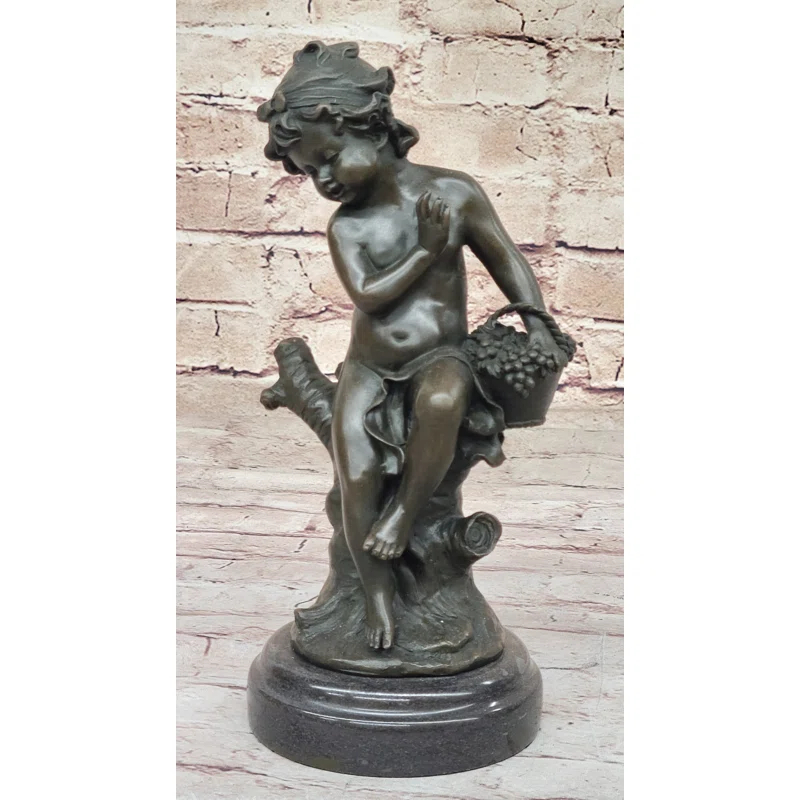 Red Barrel Studio® Small Child Girl Toddler Holding Basket Of Grapes - Clical Bronze Sculpture By Moreau