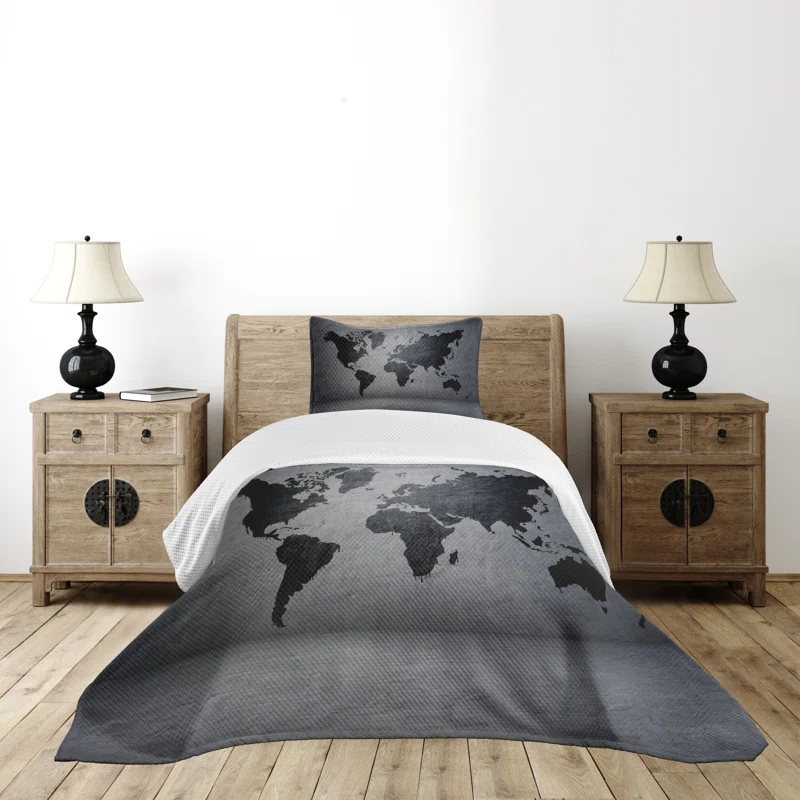 Ambesonne Ambesonne Dark Grey Bedspread Set World Map on Wall Grey Black