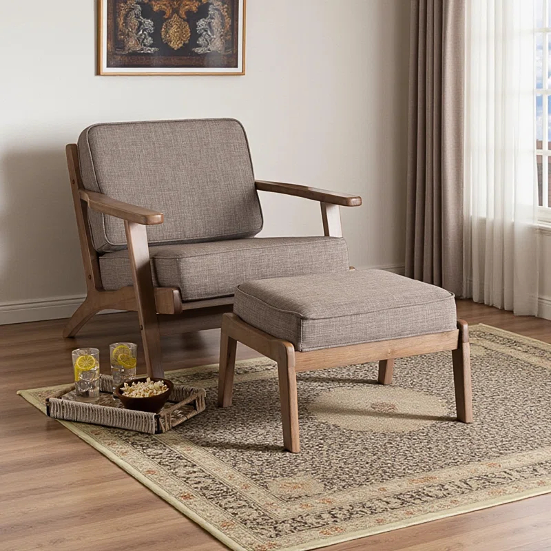 George Oliver Emsworth Mid-Century Modern 2-Piece Antique Oak Finished Armchair and Ottoman Set in Light Grey Fabric