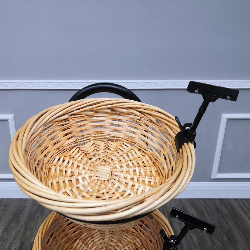 FixtureDisplays 4 Tier Basket Stand, Sign Clips, Wicker Grocery Store Rack Display, Market Basket Rack Kitchen