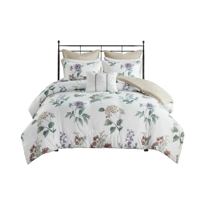 Madison Park Zennia 7 Piece Seersucker Floral Comforter Set with Throw Blanket