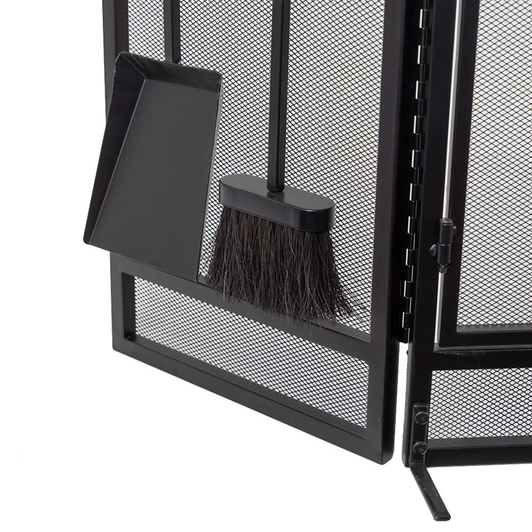 Kern River Mesh Trifold Fireplace Screen with 4 Piece Tool Set in Black