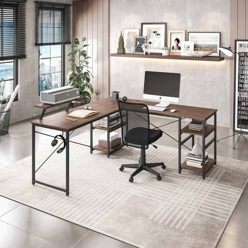 Inbox Zero Techni Mobili L-Shape Industrial Desk With Storage Shelves | Wayfair