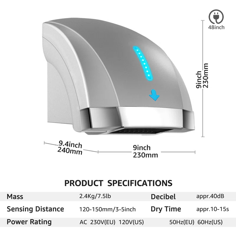 NATIONAL WINDOW Hand Dryers For Bathrooms Commercial, Electric Hand Dryer Touchless, Extra Quiet Low Noise(40Db), Wall Mounted Type(1600W)