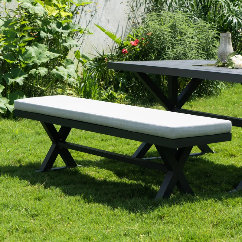 Rosalind Wheeler Outdoor Patio Bench with Cushion All Weather 63" Aluminum Benches Rectangular Dining Seating, Grey