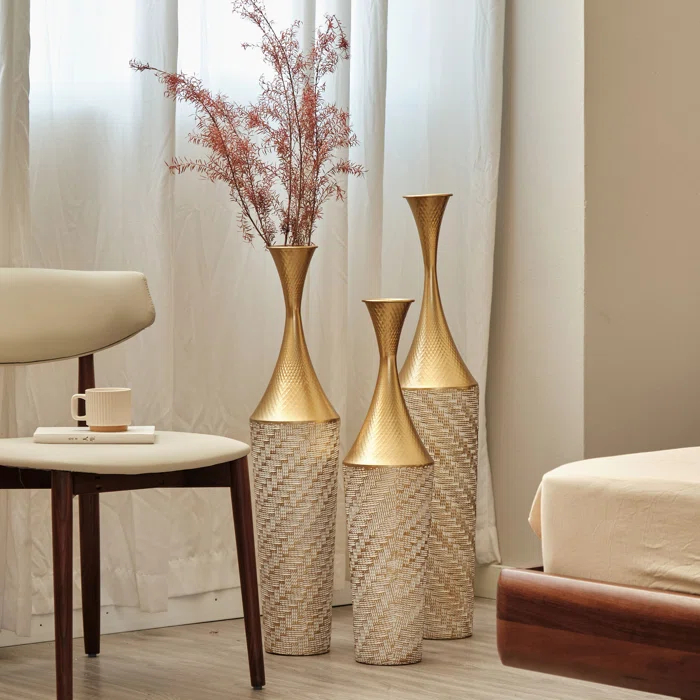 Everly Quinn Medhansh Metal Floor Vase (Set Of 3), Tall Large Flower Vase With Tapered Opening & Lattice Weave Texture, Antique Gold Finish