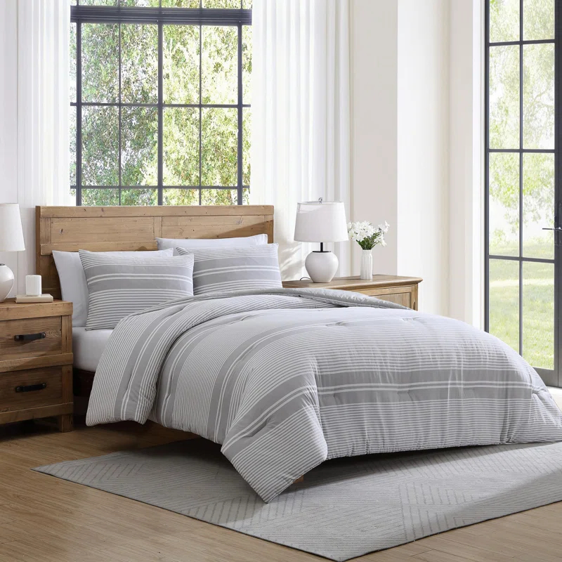 Tahari Gwen 3-Piece White/Grey Waffle Stripe Cotton Comforter Set
