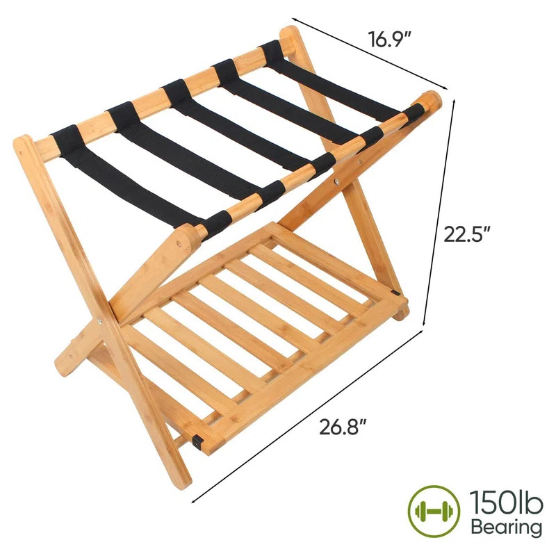 Kiflic Fully Assembled Bamboo Luggage Rack, 5 Folding Suitcase Stand with Shoe Shelf, Large Luggage Holders for Guest Room, Bedroom, Hotel