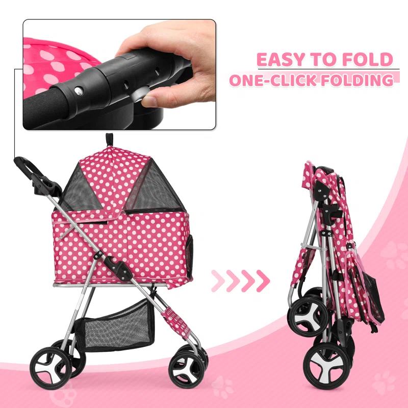 3-In-1 Pet Stroller Foldable Pet Stroller With Weather Cover Storage Basket For Dog Cat