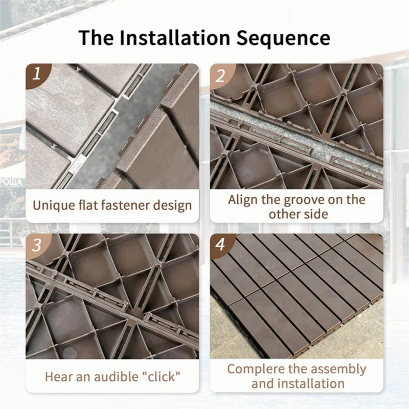 Patio Interlocking Deck Tiles, 12"X12" Square Composite Decking Tiles, Four Slat Plastic Outdoor Flooring Tile All Weather For Balcony Porch Backyard, (Dark Brown, Pack Of 44)