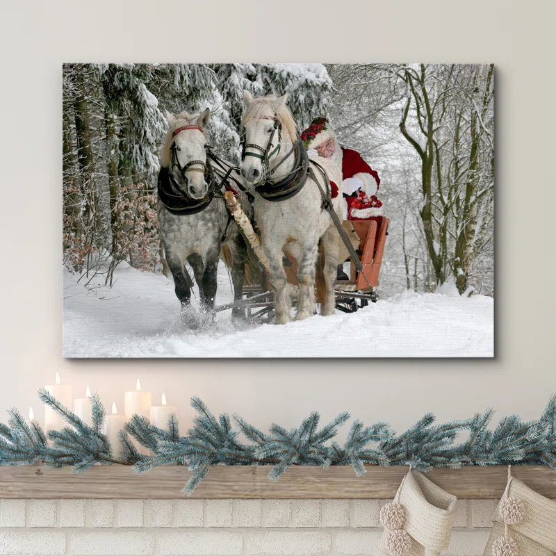 IDEA4WALL Christmas Holiday Celebration Winter Snow Forest Signs Santa Claus Riding Horses Pictures Canvas Print Large Wall Art