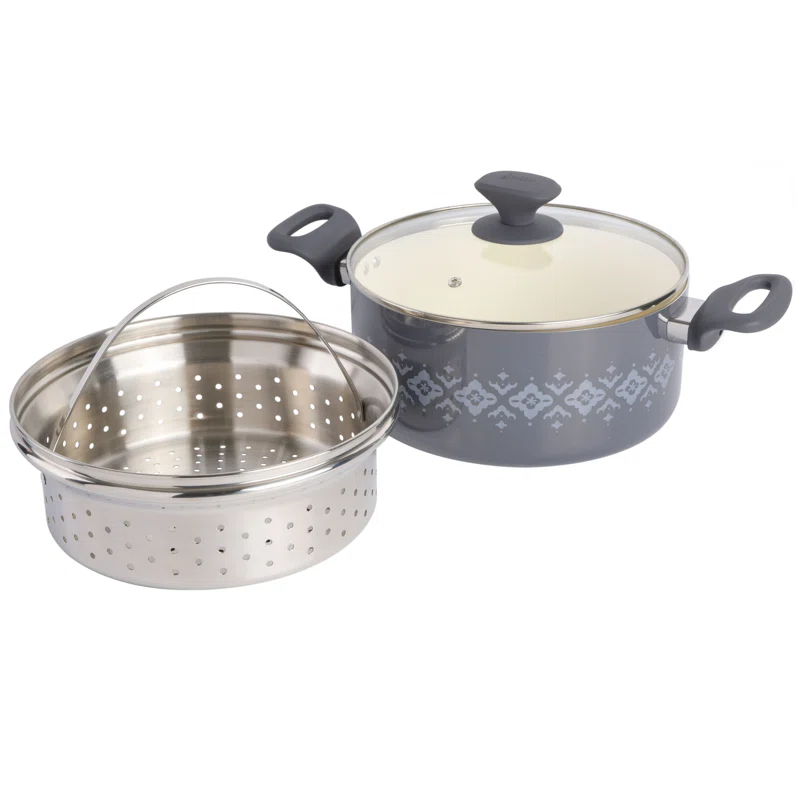 Spice by Tia Mowry Spice By Tia Mowry Savory Saffron Nonstick Ceramic Dutch Oven With Stainless Steel Steamer, 5-Quart, Charcoal, Enamel Exterior, Stay-Cool Handles